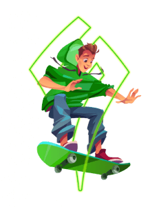 Comic-Skateboarder mit Sportwetten Helden Logo