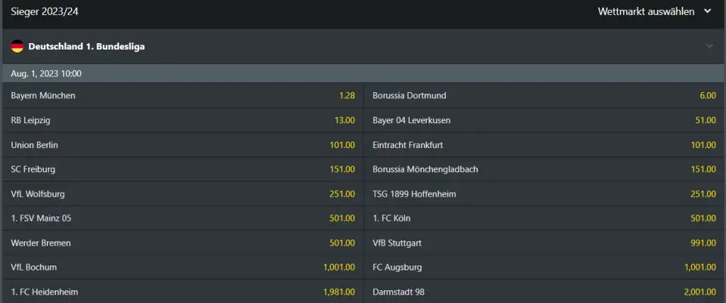 Bundesliga Meister Quoten von 1Bet