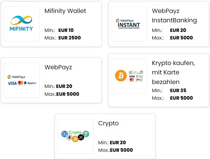 Slotimo Webpay, Mifinity und Krypto