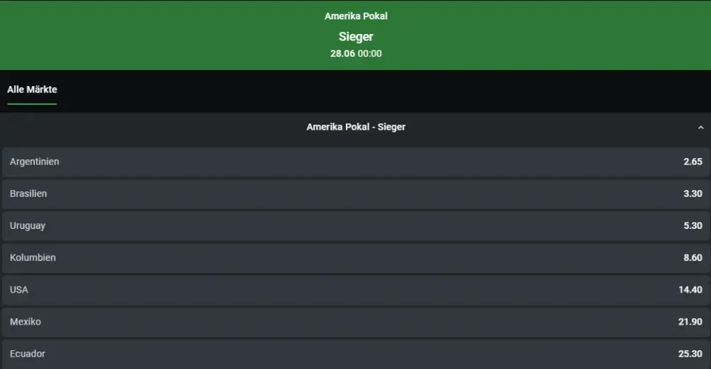 Screenshot der Copa America Quoten bei Leonbet.