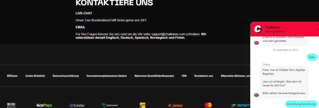Der Chalkwins Kundendienst im Screenshot.