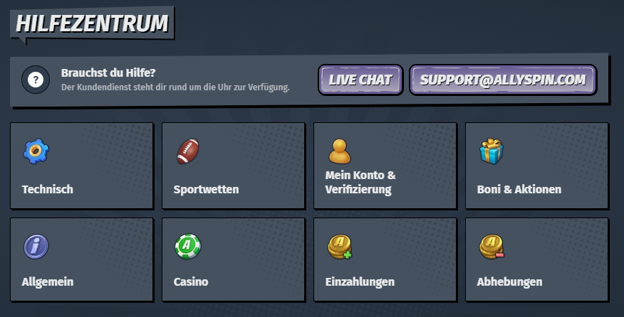 Abbildung vom Hilfezentrum bei AllyBet