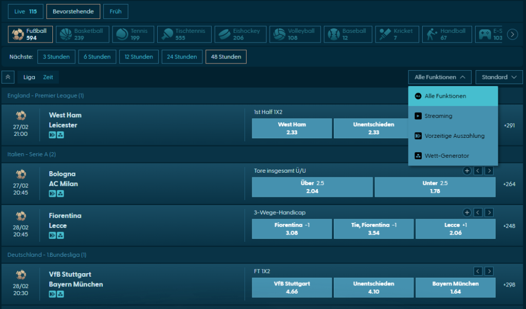 Auszug der Wettfunktionen beim Sportwettenanbieter Slotuna
