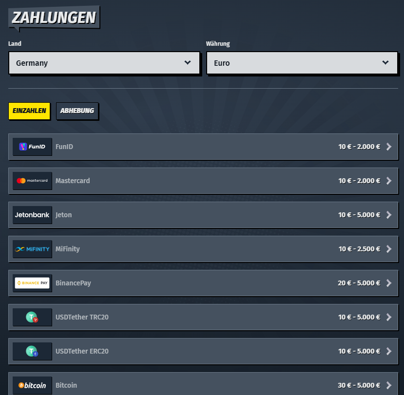 Auszug der Einzahlungsmethoden bei AllySpin