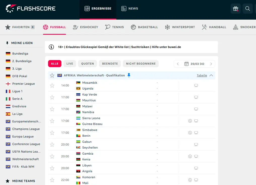 Screenshot von Flashscore Analyse Tool Fußball