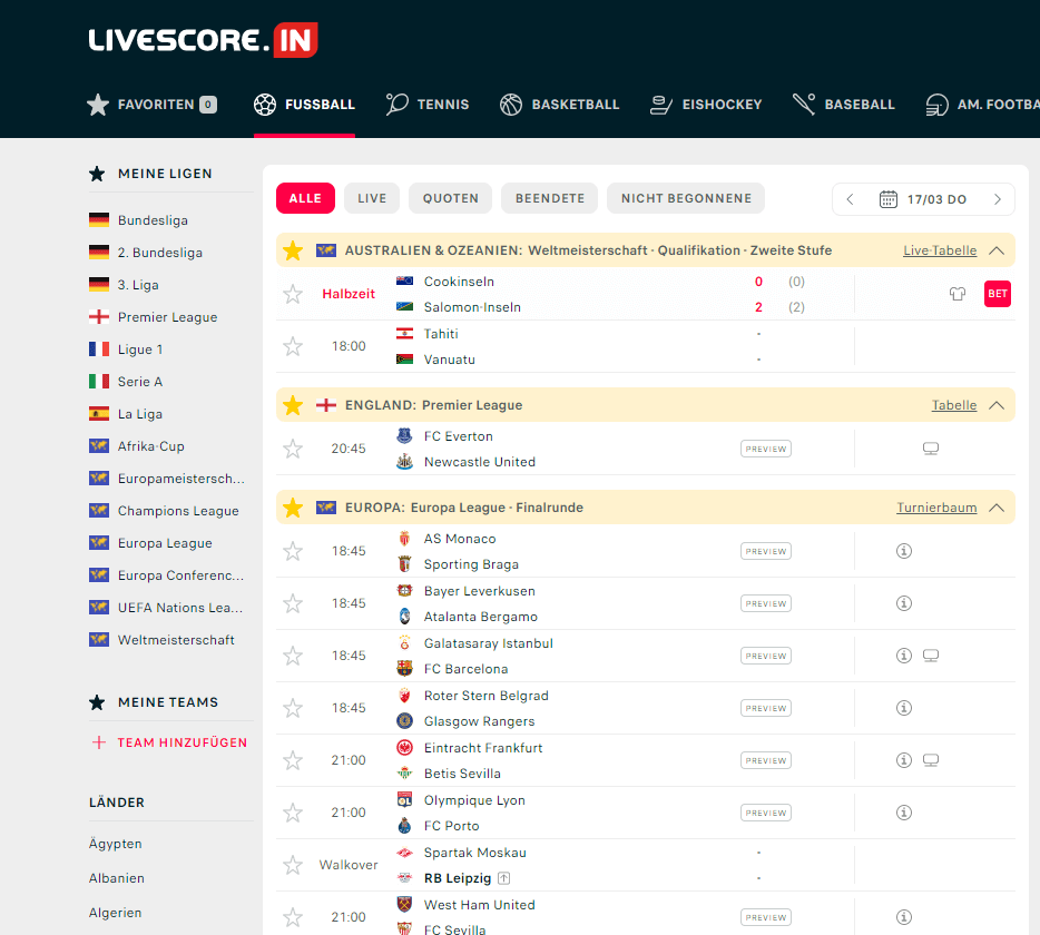 Analyse Tools Livescore Übersicht Fußball