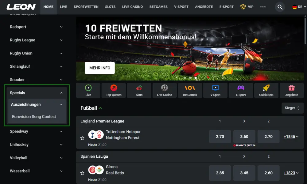 Screenshot von ausgefallenen Wetten bei Leonbet