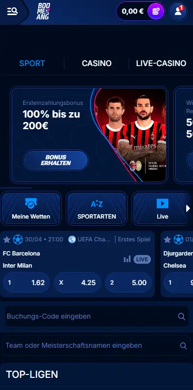 Mobile Ansicht der Website von Boomerang Bet Sportwetten