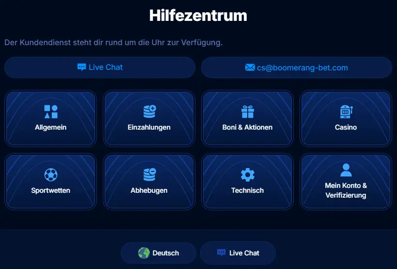 Hilfezentrum mit Kundendienst und FAQ beim Sportwetten Anbieter Boomerang Bet