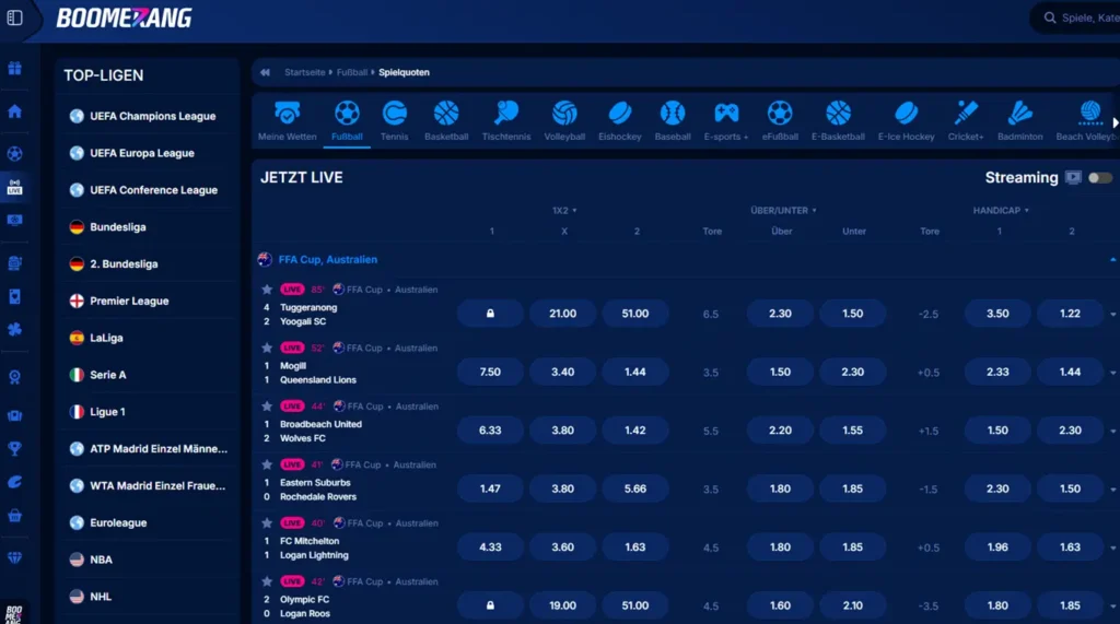 Live Wetten Angebot beim Wettanbieter Boomerang Bet