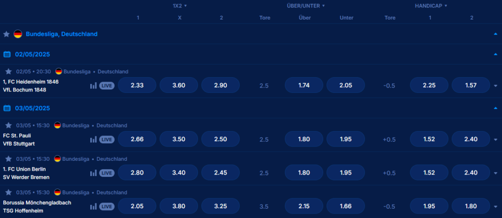 Bundesliga Wettquoten vom Wettanbieter Boomerang Bet