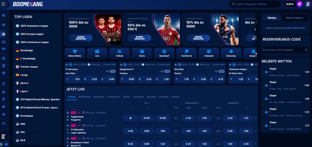 Sportwetten Angebot beim Wettanbieter Boomerang Bet
