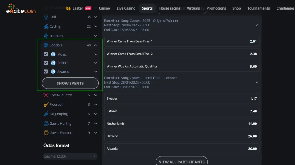 Screenshot von kreativen Wetten bei ExciteWin