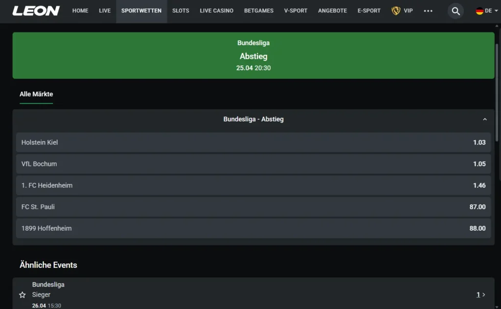 Screenshot von Bundesliga Wetten auf Absteiger beim Wettanbieter Leonbet