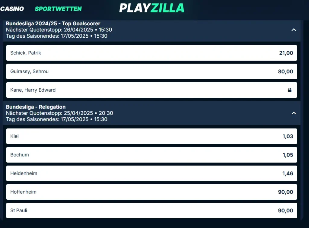 Screenshot von Bundesliga Wetten auf Absteiger beim Wettanbieter PlayZilla