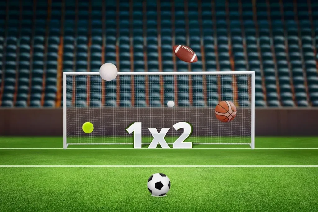 Foto verschiedener Arten von Bällen rund um den Schriftzug "1X2" in einem Fußballtor
