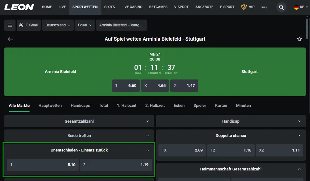 Beispiel für eine Draw no Bet Wette im Fußball beim Wettanbieter Leonbet