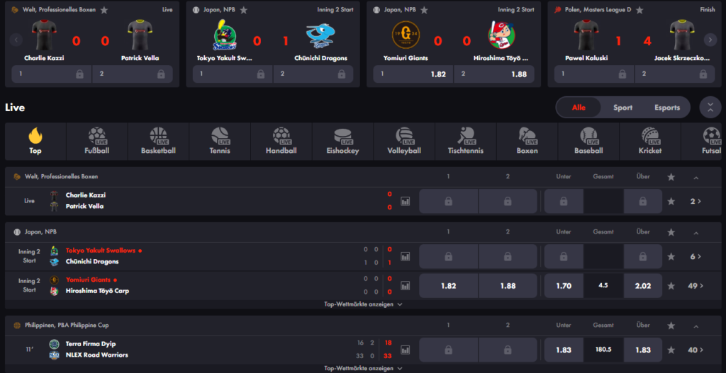Livewetten Auswahl beim Sportwettenanbieter Roosterbet