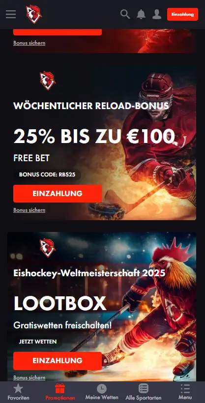 Mobile Ansicht der Website vom Sportwetten Anbieter Roosterbet