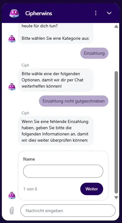 Einblick in den Live-Chat aus meinem CipherWins Test