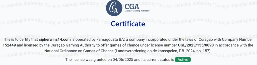 Curacao Wettlizenz vom Sportwettenanbieter CipherWins