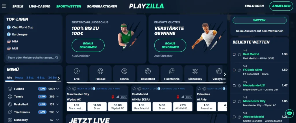 PlayZilla Landingpage, die einige Wetten, sowie den Willkommensbonus anzeigt