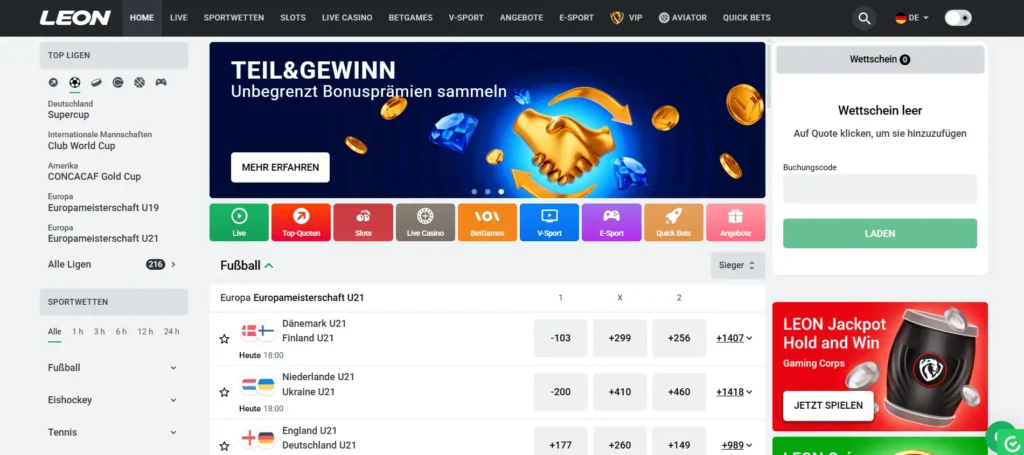 Landingpage von Leonbet mit den ganzen Menüs + Wetten der U21 Fussball