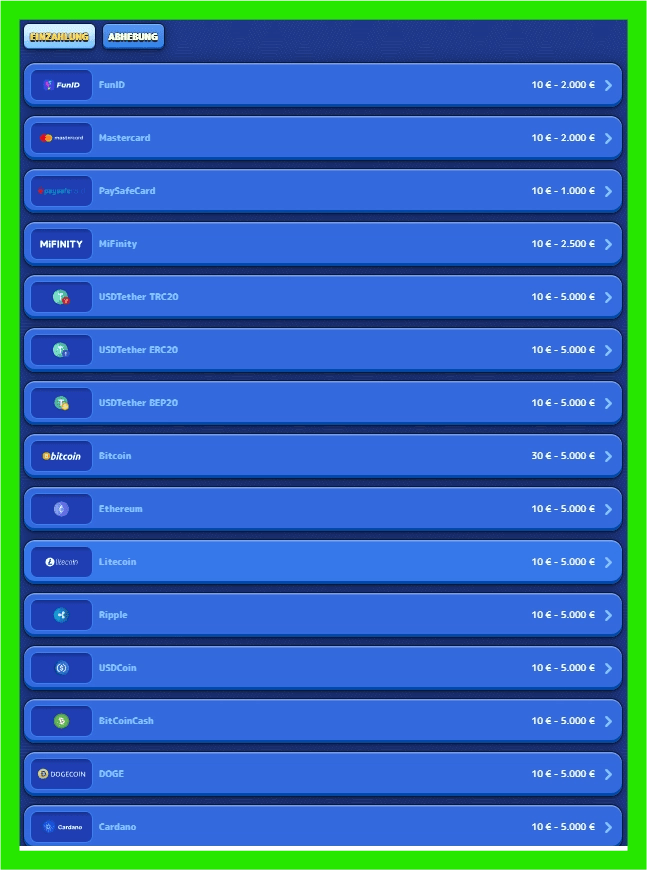 Liste der Einzahlungsarten des Sportwettenanbieters Pistolo