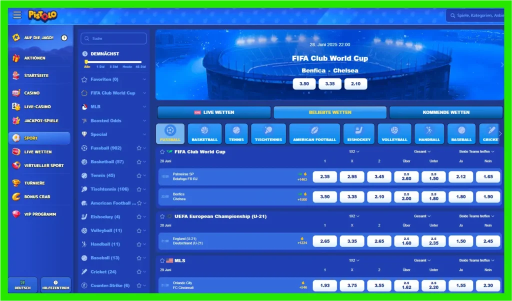 Landing Page der Sportwetten des Anbieters Pistolo