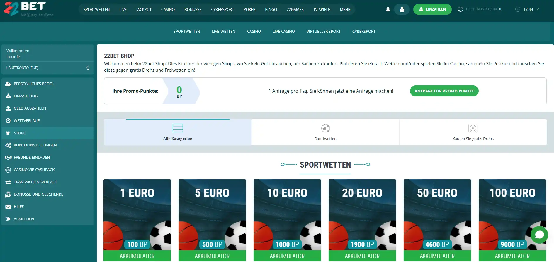 Der Bonusshop vom Sportwettenanbieter 22Bet