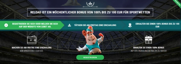 Der Reload Bonus des Wettanbieters 22Bet