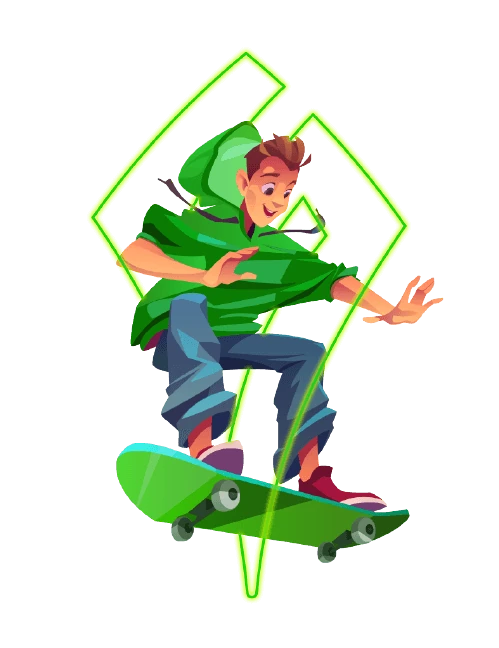 Comic-Skateboarder mit Sportwetten Helden Logo