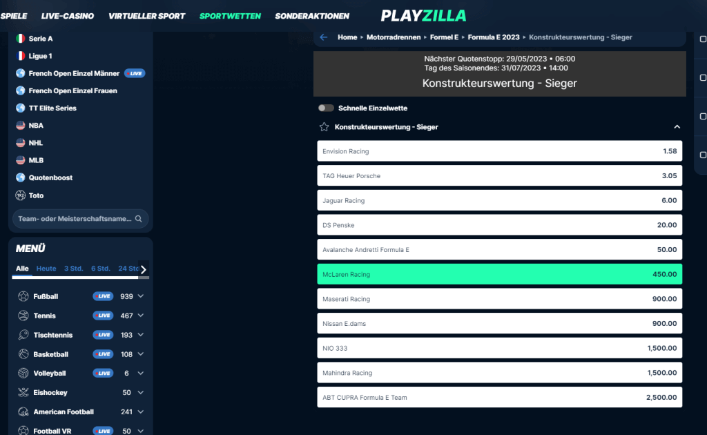 Die Quoten des Wettanbieters PlayZilla für die Formel E
