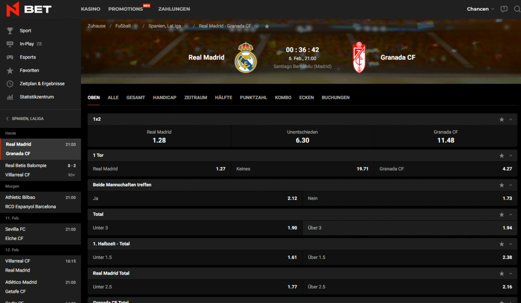N1 Bet Wettauswahl