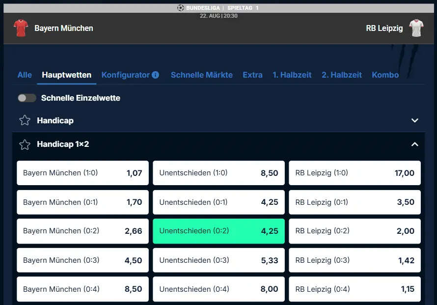 Eine 0:2 Handicap Wette auf das Spiel Bayern München gegen RB Leipzig beim Wettanbieter PlayZilla.