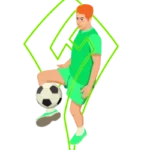 Ein Comic-Fußballspieler in grüner Kleidung, der einen Ball hochhält. Der Sportler steht direkt im Sportwetten Helden Logo