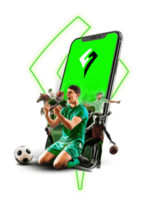 Ein Smartphone, auf dem einige Sportler mit dem Logo von Sportwetten Helden zu sehen sind. Es ist größtenteils grün.