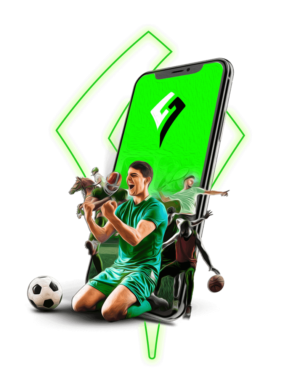 Ein Smartphone, auf dem einige Sportler mit dem Logo von Sportwetten Helden zu sehen sind. Es ist größtenteils grün.