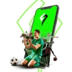 Ein Smartphone vor einem Sportwetten Helden Logo aus welchem einige Sportler kommen mit einem grünen Hintergrund