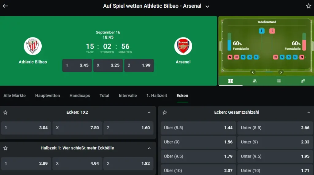 Einblick in Eckball Wetten Auswahl bei Leonbet fuer Spiel Athletic Bilbao gegen Arsenal