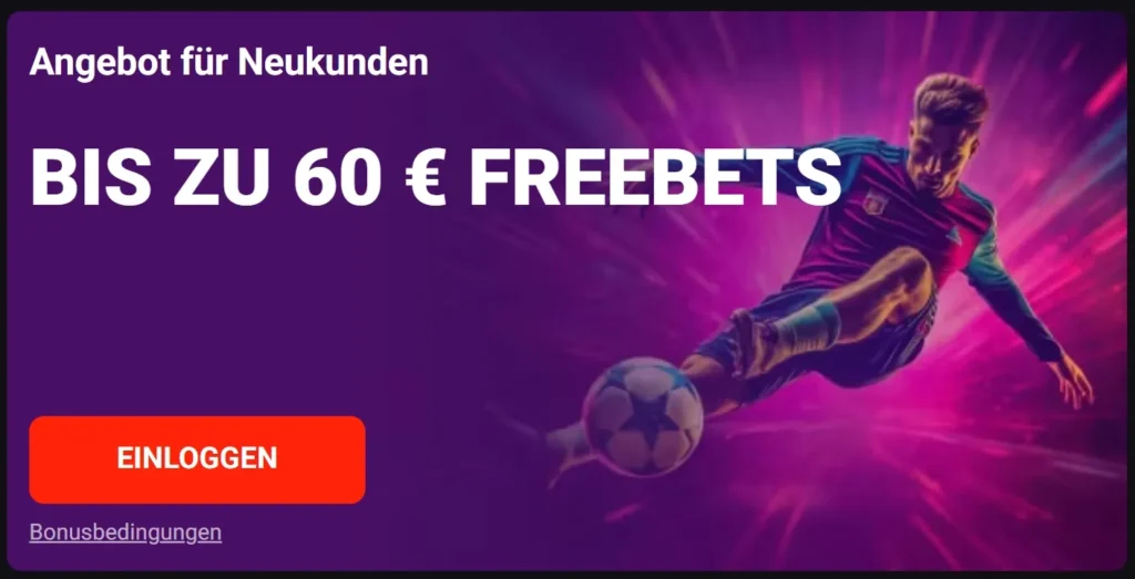 Ein Fußballspieler, der einen Volley durchführt vor einem lila Hintergrund und den 60 Euro-Willkommensbonus von N1 Bet präsentiert.