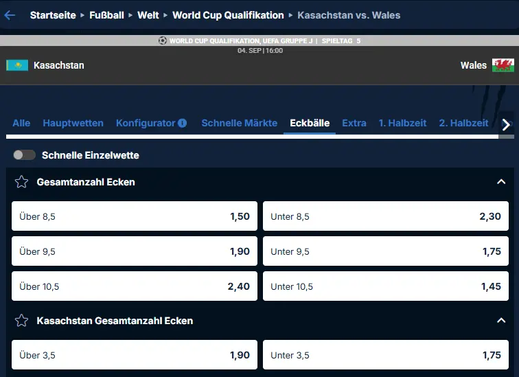 Auszug aus Eckball Wetten Angebot bei PlayZilla fuer World Cup Qualifikation Spiel Kasachstan gegen Wales