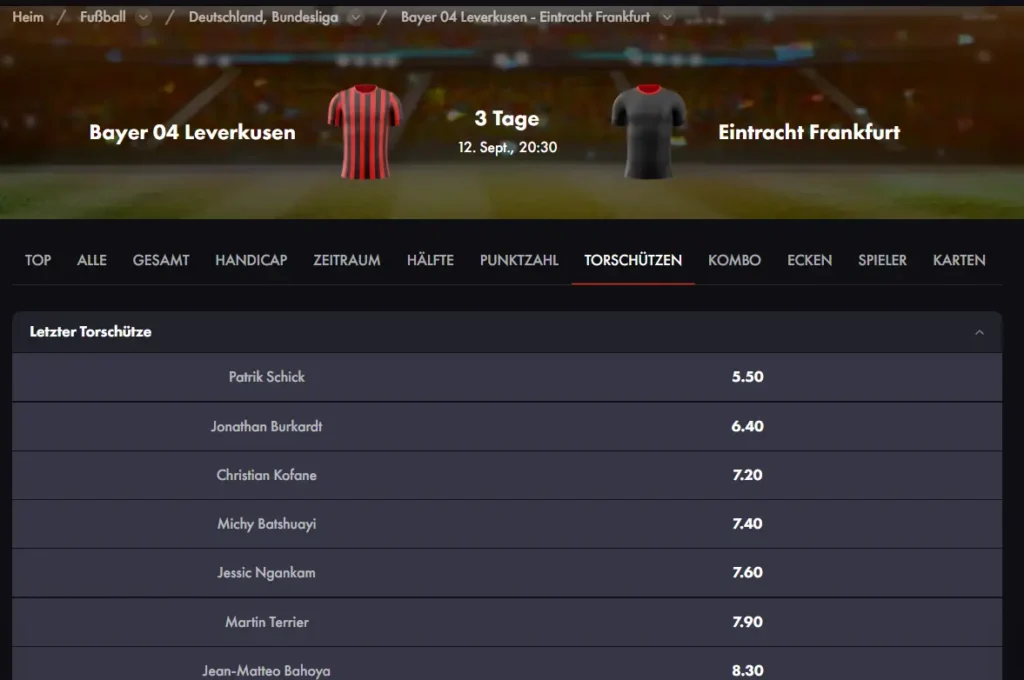 Auszug aus dem Torschützen Wetten Angebot bei RoosterBet