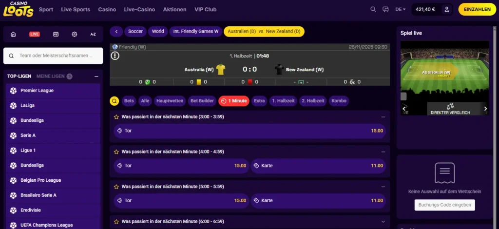 Minutenwetten auf ein Freundschaftsspiel zwischen Australien und Neuseeland beim Buchmacher CasinoLoots