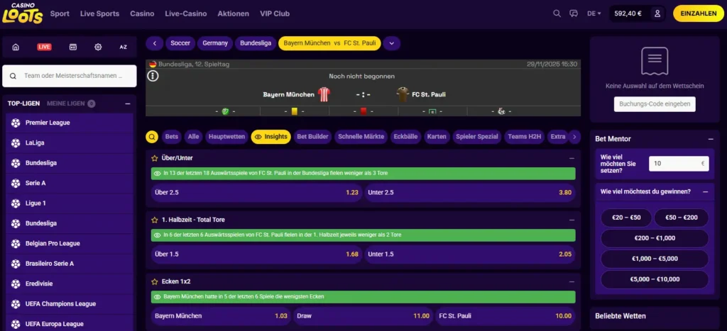 Insights mit Statistiken zu vergangenen Fussballspielen fuer Sportwetten bei CasinoLoots