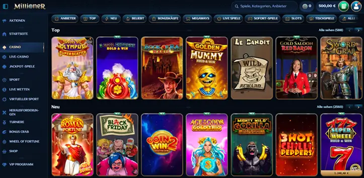 Einblick in das Angebot an Casinospielen beim Wettanbieter Millioner
