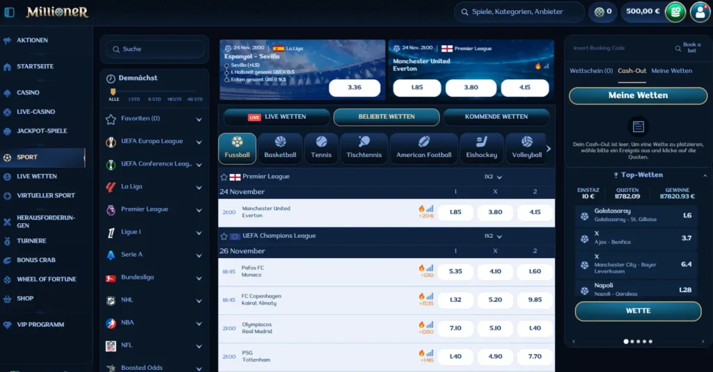 Einblick in die Auswahl an Sportarten fuer Sportwetten beim Wettanbieter Millioner