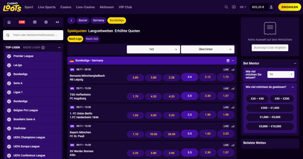 Wettquoten von CasinoLoots auf Bundesliga-Spiele