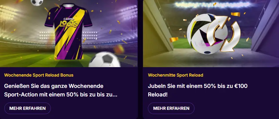 Woechentliche Reload Bonusaktionen fuer Sportwetten vom Buchmacher CasinoLoots
