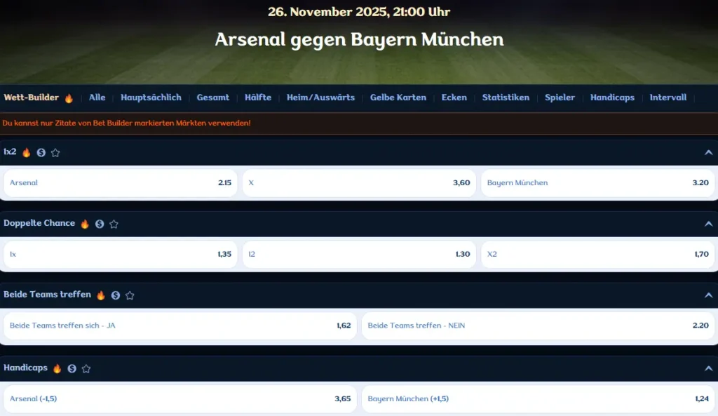 Einblick in die Kombinationsmoeglichkeiten fuer Wetten auf Arsenal gegen Bayern Muenchen mit dem Bet-Builder bei Millioner